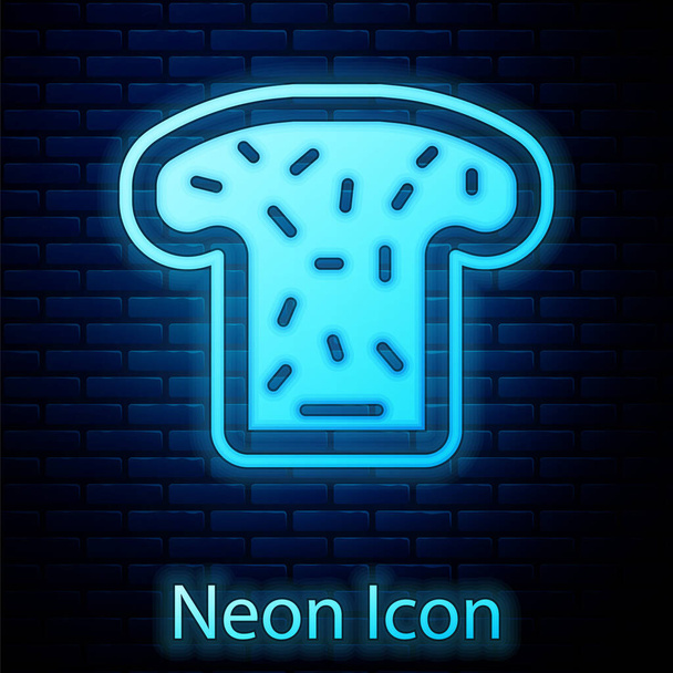 Glowing neon Bread toast for sandwich piece of roasted crouton icon isolated on brick wall background. Lunch, dinner, breakfast snack.  Vector - Vector, Image