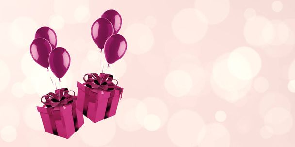 3D ilustrace Dárkové krabice s balónky plovoucí na pozadí bokeh Vánoce Nový rok lásky a oslavy - Fotografie, Obrázek