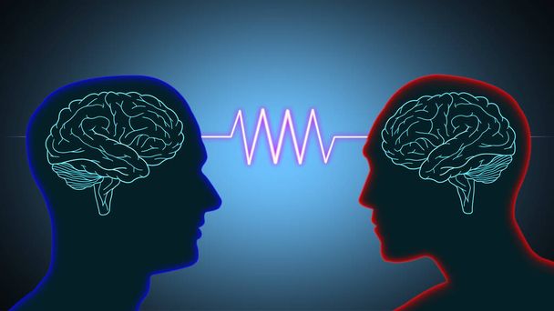 иллюстрация два символа человеческого мозга в силуэте черная голова лицом к лицу и неоновый световой импульс линии на темно-синий фон концепции коммуникации - Фото, изображение