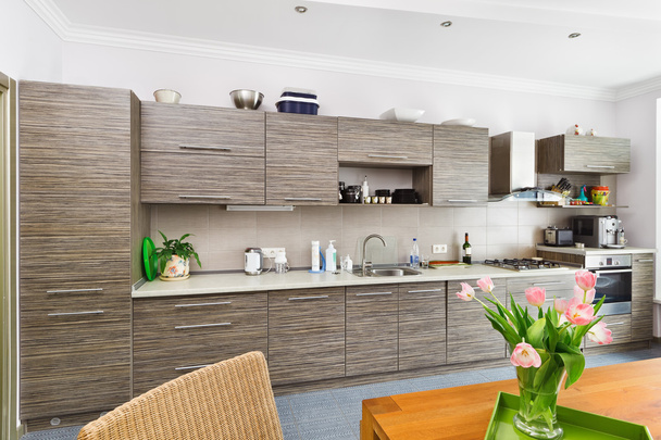 Современный минимализм стиль Кухня интерьер с узором серый мех
 - Фото, изображение