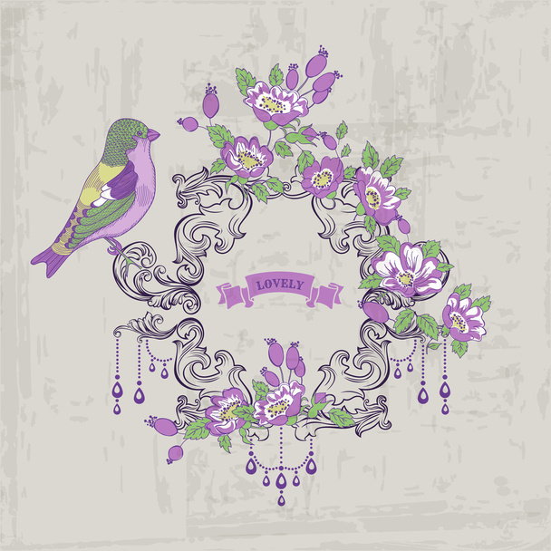 Vintage Card - with Retro Frame, Flowers and Birds - Vector, imagen