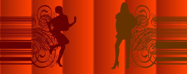 Chicas silueta cortinas rojas
 - Vector, Imagen