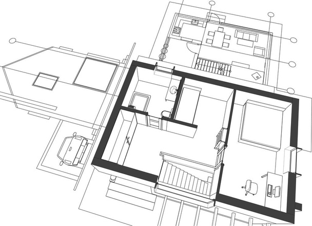 dům, architektonický projekt, skica, 3D ilustrace - Vektor, obrázek
