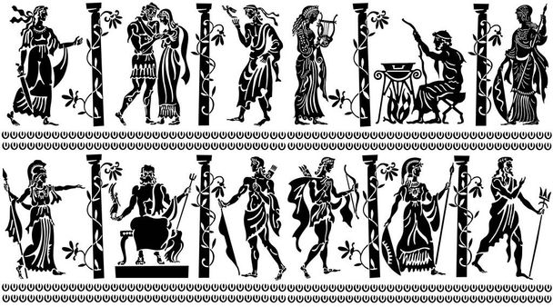 Велика колекція грецьких пісень на білому тлі. Чорні силуети грецьких героїв. Татуювання на тематичну тему.. - Вектор, зображення