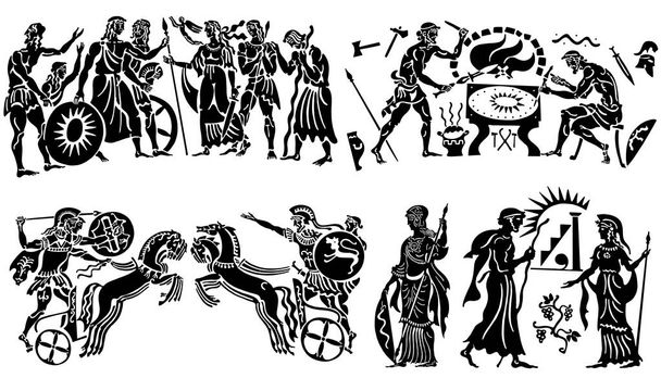 Beyaz arka planda büyük bir Yunan şarkısı koleksiyonu. Yunan kahramanlarının siyah siluetleri. Tematik bir konuda dövmeler. - Vektör, Görsel
