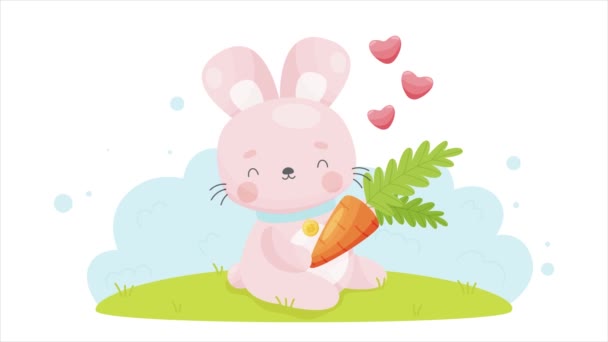 Cute cartoon Easter bunny loves his carrot. Vector animation video. - Footage, Video