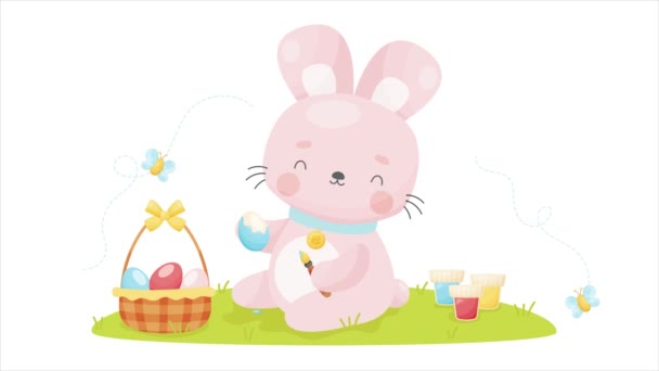 Cute cartoon Easter bunny painting eggs. Vector animation video. - Footage, Video