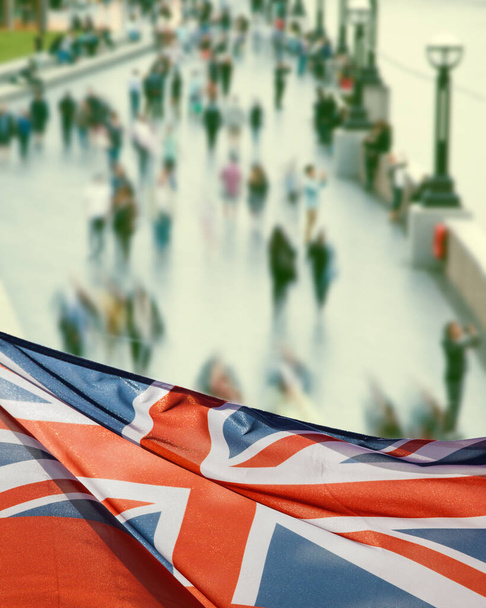 union jack flag and people walking on Millennium bridge at St Paul's cathedral - general elections, London, UK - Photo, Image