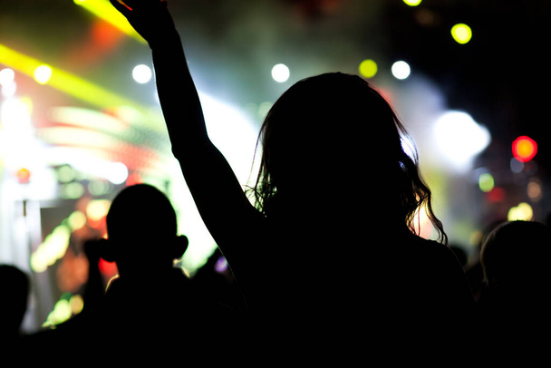 tömeg felemelt kézzel koncerten - nyári zenei fesztivál - Fotó, kép