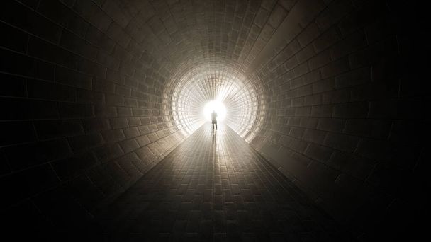 Concept or conceptual dark tunnel with a bright light at the end or exit as metaphor to success, faith, future or hope, a black silhouette of walking man to new opportunity or freedom 3d illustration - Photo, Image