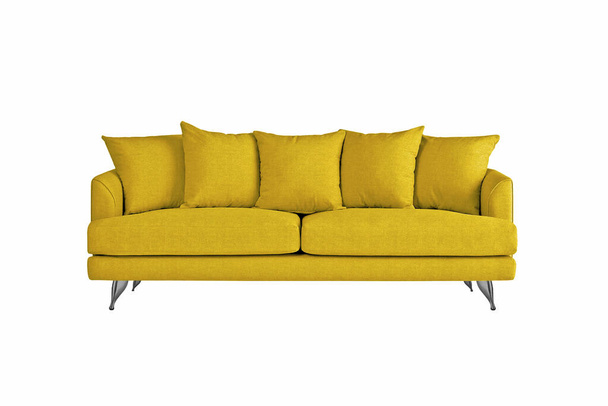 Żółta kanapa tkaninowa na szczotkowanych metalowych nogach z poduszkami izolowanymi na białym tle. Seria mebli - Zdjęcie, obraz