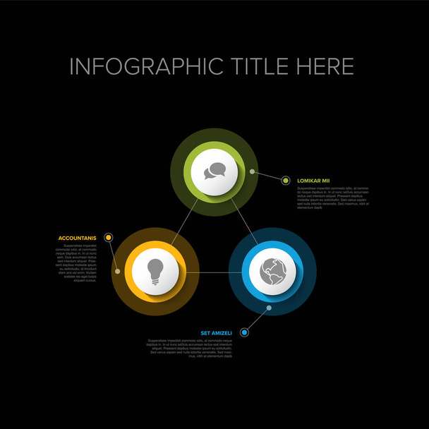 Modèle d'infographie vectorielle polyvalente avec trois options d'éléments en triangle et couleurs modernes sur un fond sombre, chaque infographie avec icône partie 1 de 6 - Vecteur, image