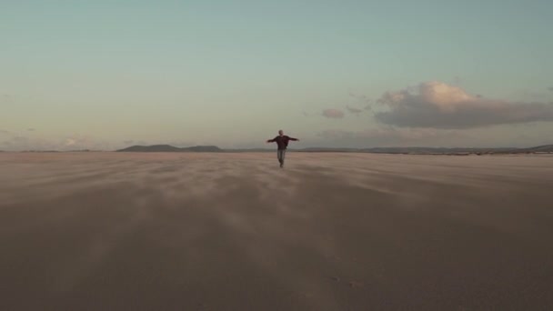 レヴァンテの夕日の空を背景に、風の強い日に砂浜を歩く男性ヒップスター - 映像、動画
