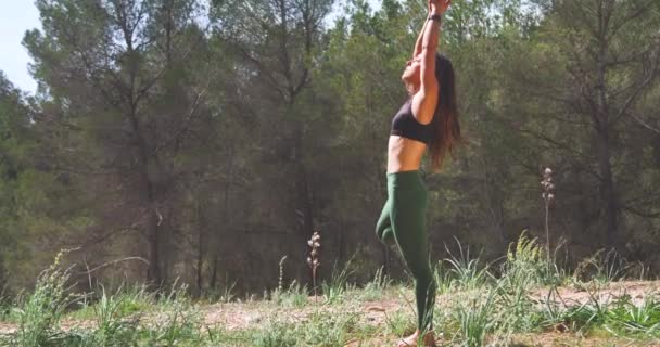 Van onderen van jong fit vrouwtje toenemende uithoudingsvermogen en kracht terwijl staan in krijger poseren met uitgestrekte armen doen lunge in groen park - Video