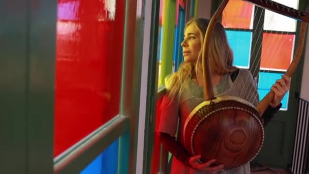 Adult female musician with lyre looking out window while standing in room decorated with colorful stained glass - Footage, Video