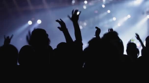 Widok z tyłu sylwetki osób z rękami do góry oświetlonymi światłami podczas występu muzycznego - Materiał filmowy, wideo