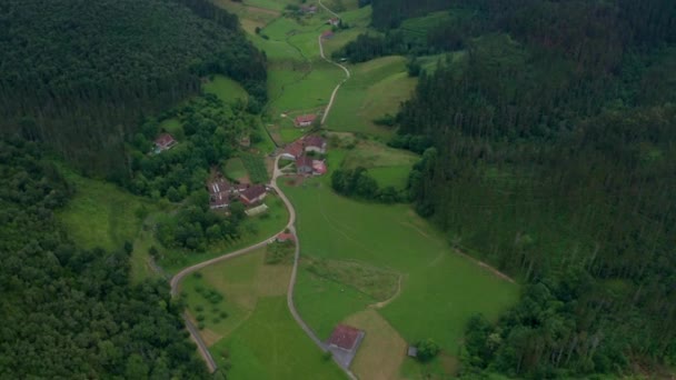 Overhead view of building roofs and narrow roadways between green meadows and trees in Basque Country - Metraje, vídeo