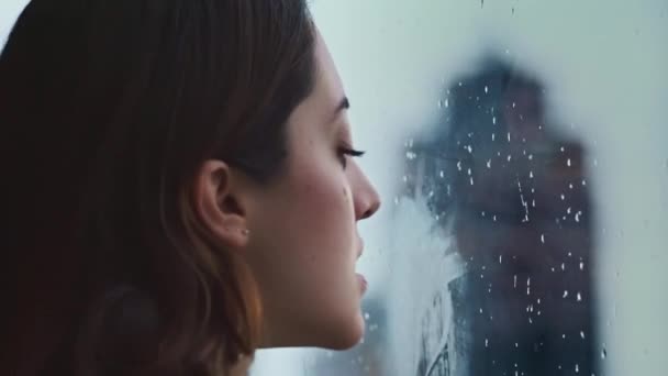 Closeup side view of charming female drawing picture of heart on wet glass while enjoying rain through window - Footage, Video