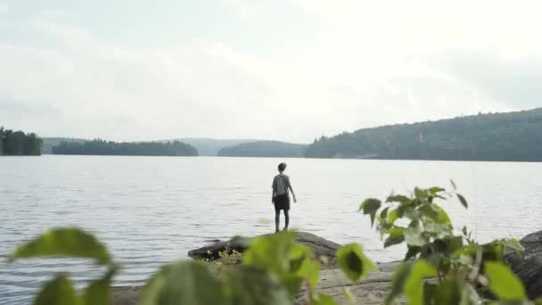Back view of woman hiker standing on stony shore near calm lake and enjoying freedom during cloudy summer day in Algonquin Provincial Park in Canada - Footage, Video