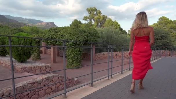 Śledzenie strzał zachwycony kobieta w letni strój spacery w zielonym parku i korzystających z wakacji - Materiał filmowy, wideo
