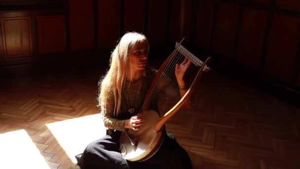 Z góry dorosła blondynka siedząca w słońcu w pobliżu śpiewających misek i grająca tradycyjną melodię na lirze w ciemnym pokoju w domu - Materiał filmowy, wideo