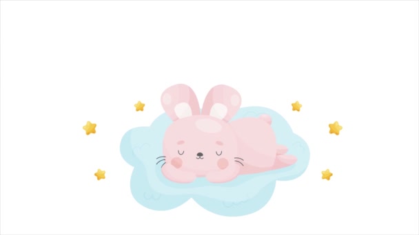 Cute bunny speeping on the fluffy cloud and dreaming about carrot. Vector animation video - Footage, Video
