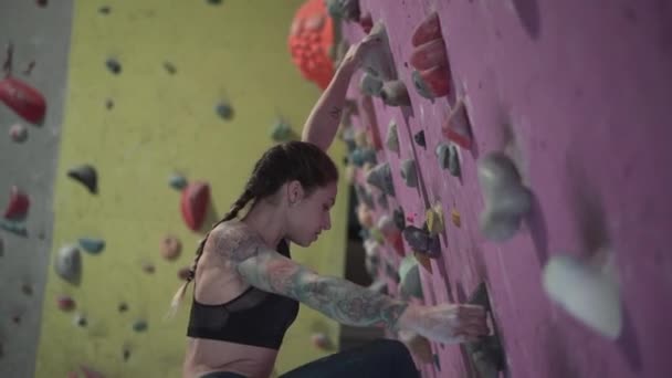 Sterke fit vrouw atleet getatoeëerd krachtige vrouw klimmen op kleurrijke muur met richels voor klimmers in de kamer - Video