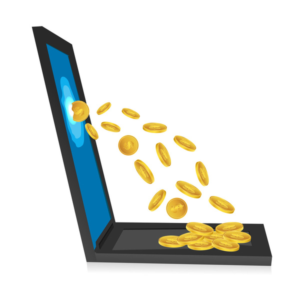 illustration d'ordinateur portable avec des pièces en dollars sur fond blanc
 - Photo, image