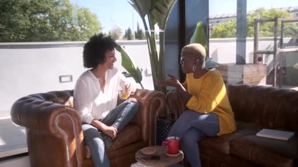 Mutlu Afro-Amerikan kadın arkadaşlar terasta oturup şakalara gülerken ve birbirlerine bakarken konuşuyorlar. - Video, Çekim