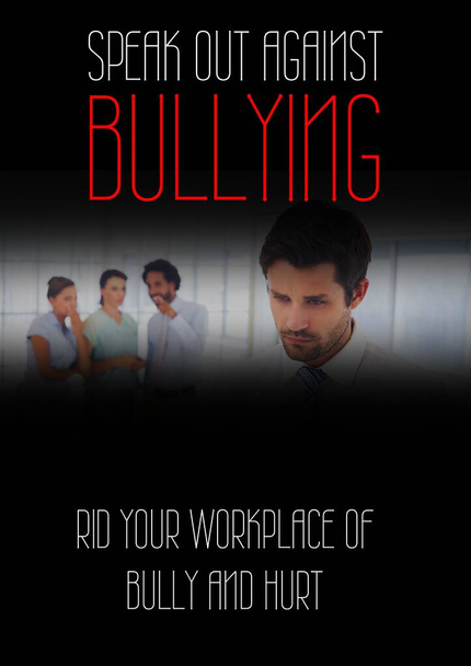 Speak out against bullying text against office colleagues bullying a man at office. combating bullying template design concept - Photo, image