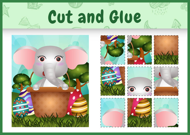Juego de mesa para niños cortar y pegar Pascua temática con un elefante lindo en el huevo de cubo - Vector, Imagen