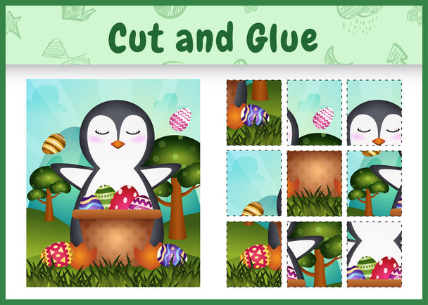 Kinderen bordspel gesneden en lijm thema Pasen met een schattige pinguïn in de emmer ei - Vector, afbeelding
