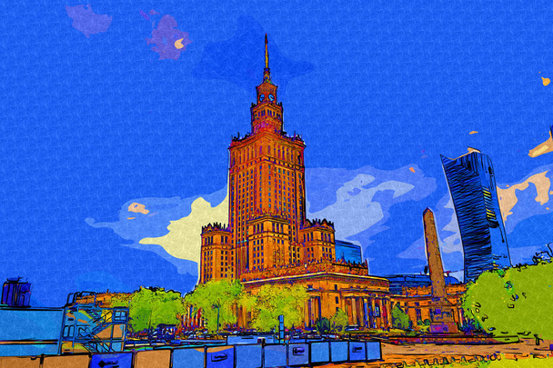 Varsavia centro città con Palazzo della Cultura e della Scienza (PKiN), un punto di riferimento e simbolo dello stalinismo e del comunismo, e moderni grattacieli. - Foto, immagini
