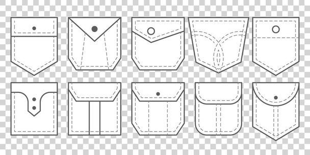Patch pocket. Set of outline bag vector icons. Uniform casual style denim pockets patches. Jean shirt clothes isolated icon. - Vector, Image