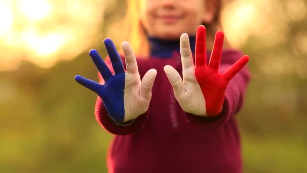 Joyful meisje zwaaien handen geschilderd in Frankrijk vlag kleuren en zeg hallo buiten bij zonsondergang  - Video