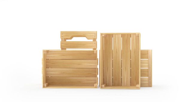 A pile of empty wooden crates lie on the side isolated on white. 3D illustration - Photo, Image