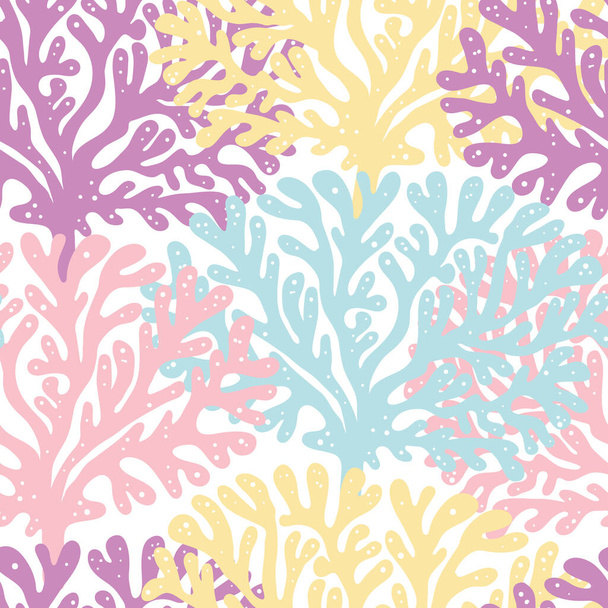 Vector azul púrpura rosa amarillo coral árbol dibujado a mano sin costuras patrón impresión fondo. - Vector, Imagen