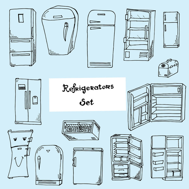 Sketch hand drawing refrigerators collection on blue background - Vector, Image