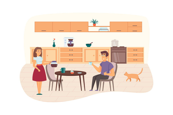 Pariskunta aamiaisella keittiössä. Nainen ja mies syövät ja juovat kahvia yhdessä. Ruoanlaitto kotona, perhe ja suhteet käsite. Vektori kuva ihmisistä merkkiä tasainen muotoilu - Vektori, kuva