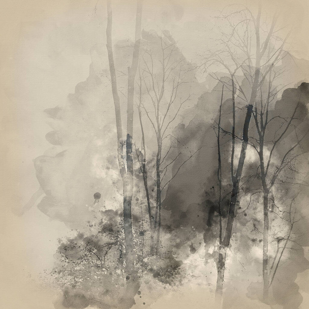Dramatik karamsar sisli orman manzarasının suluboya resmi İlkbahar Sonbaharı - Fotoğraf, Görsel