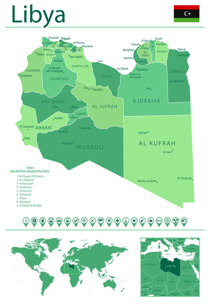 Yksityiskohtainen kartta Libyasta maan lipun ja sijainnin maailmankartalla. Vektoriesimerkki - Vektori, kuva