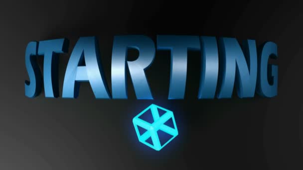 The write STARTING in blue metallic letters, on black background, with a blue lighted cube rotating - 3D rendering video clip animation - Záběry, video