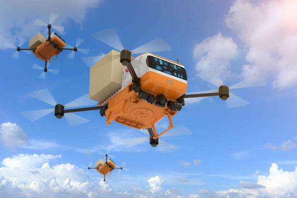 Αυτοματοποίηση έννοια αποθήκη με 3d απόδοση drone ή ρομπότ που κατέχουν κουτί από χαρτόνι  - Φωτογραφία, εικόνα