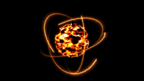 Feuerball und Atom bewegen sich durch unendliche Energie, Lavaflamme bricht um den Kern - Filmmaterial, Video
