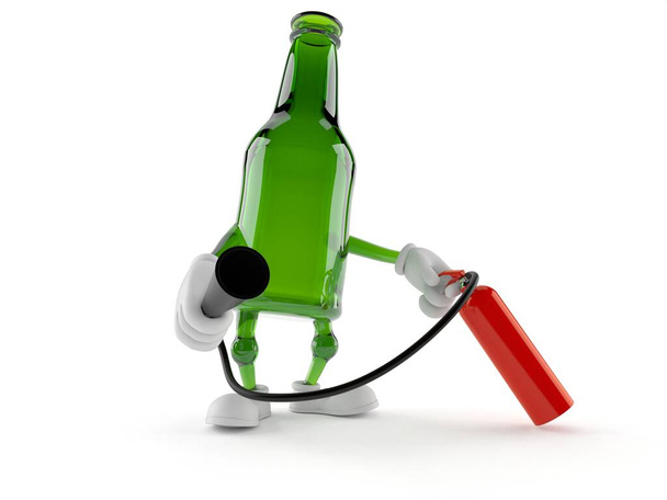 Carácter botella de vidrio verde que sostiene extintor aislado sobre fondo blanco. ilustración 3d - Foto, imagen