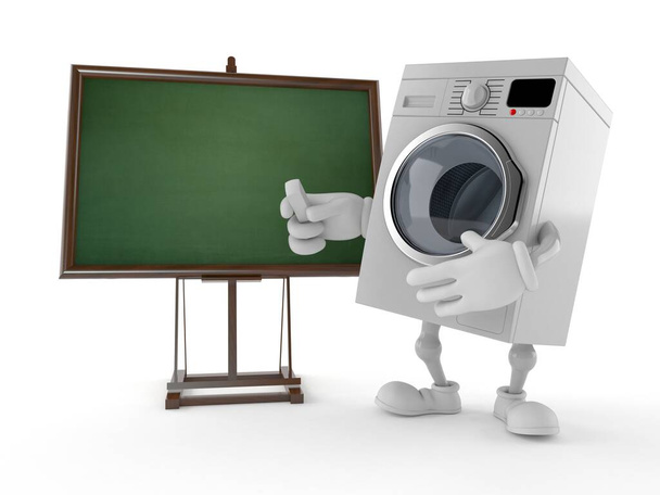 Personaje de lavadora con pizarra en blanco aislado sobre fondo blanco. ilustración 3d - Foto, imagen