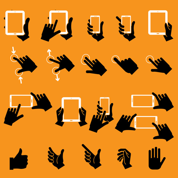Kéz érintése mozgatható telefon és digitális tabletta, vektor  - Vektor, kép