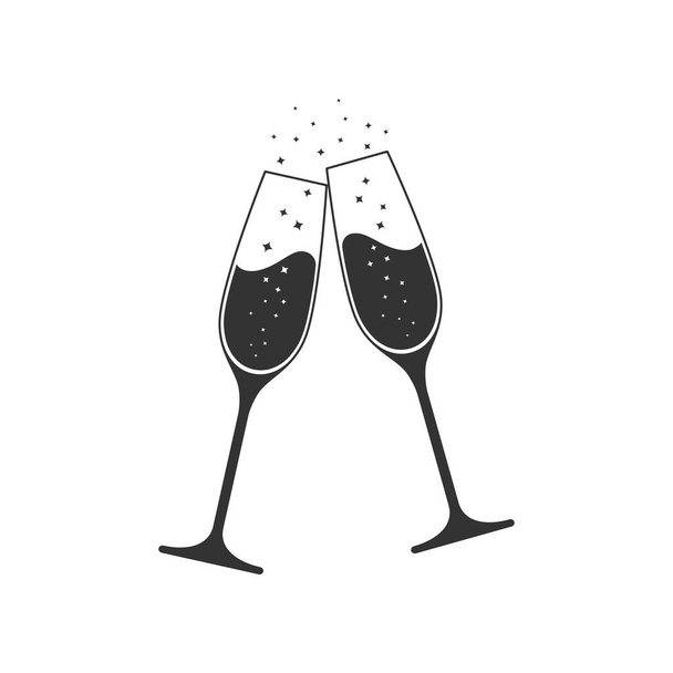 Clink szklanki szampan ikona graficzna. Zdrówko z dwoma kieliszkami szampana na białym tle. Ilustracja wektora - Wektor, obraz