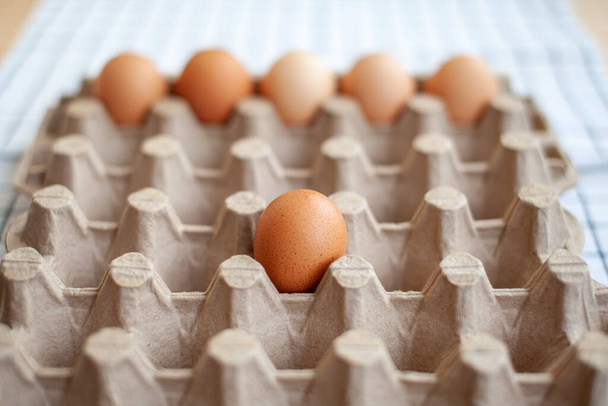 Několik hnědých vajec mezi prázdnými buňkami velké papírové tašky, kuřecí vejce jako cenný výživný produkt, podnos na nošení a skladování křehkých vajec - Fotografie, Obrázek
