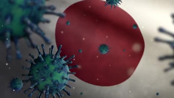 Drapeau japonais agitant avec l'épidémie de coronavirus infectant le système respiratoire comme grippe dangereuse. Virus Covid 19 de type grippal avec bannière nationale du Japon soufflant à l'arrière-plan Dan - Séquence, vidéo